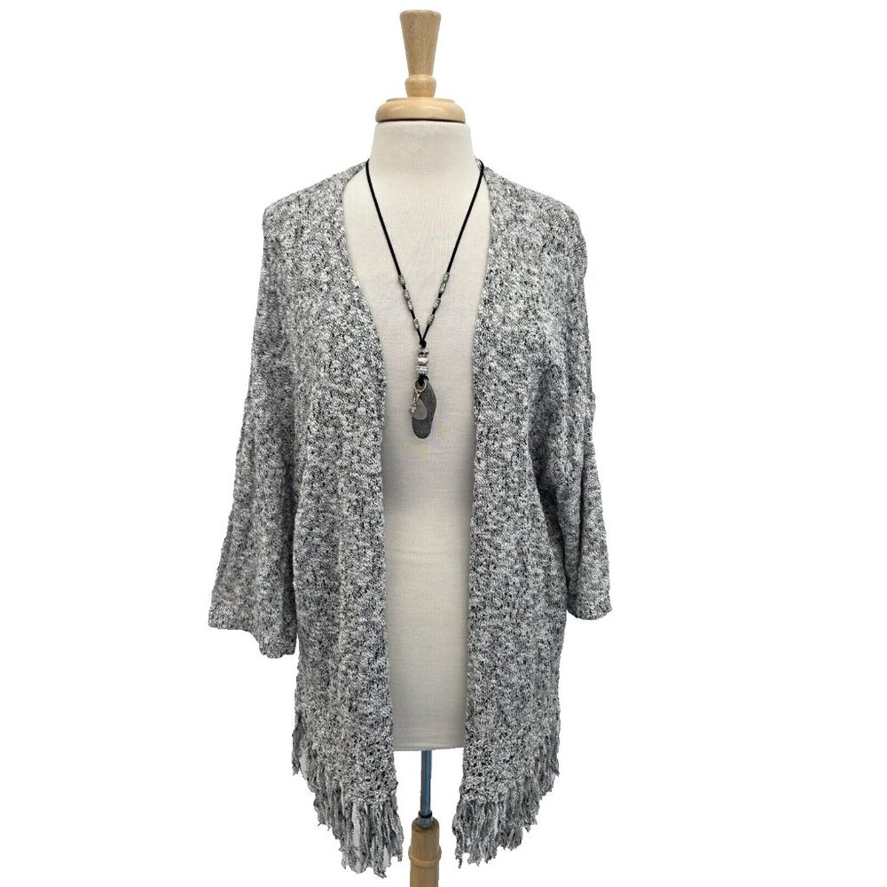 Ann Taylor Loft Cardigan Womens‎ Size L Gray Marled Open Front Sweater Fringe